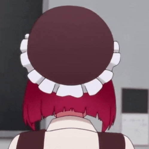 the back of a red haired anime girl wearing a maid hat and apron .