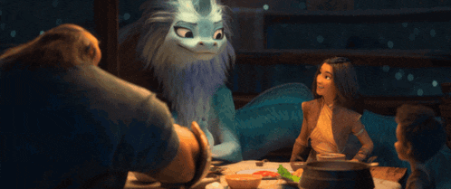 a group of cartoon characters are sitting around a table with a dragon