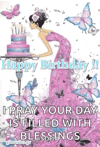 a happy birthday greeting card with a woman in a pink dress standing in front of a cake surrounded by butterflies .