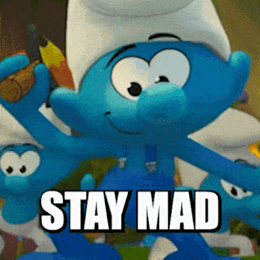 a smurf holding a banana with the words stay mad below it