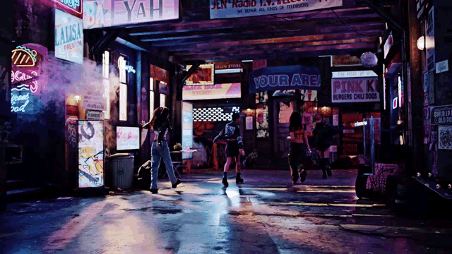 a group of people are walking down a street in front of a pink k burger childhood store