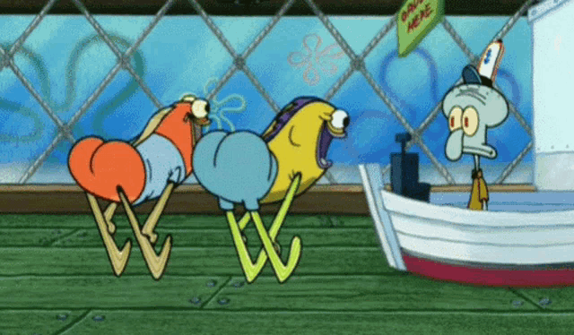 a cartoon of spongebob and squidward standing next to a boat with a sign that says sponge head