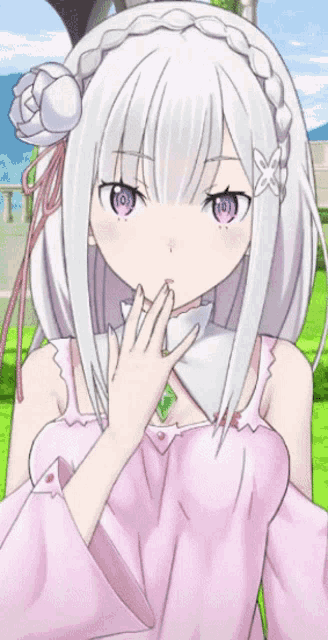 a girl with white hair and purple eyes is wearing a pink shirt