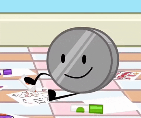 a cartoon drawing of a silver coin with a smiley face