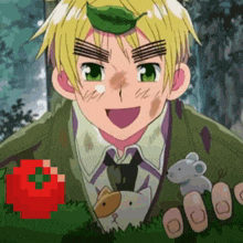 a cartoon character with a leaf on his head and a tomato in the background