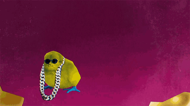 a yellow bird wearing sunglasses and a chain around its neck stands in front of a purple background that says huh