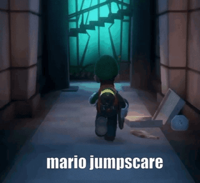 a video game character is running down a hallway with the words mario jumpscare written on the bottom .