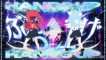 two anime characters are dancing in front of a sign that says handship