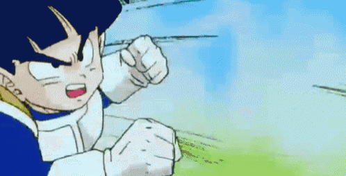 a cartoon character is holding his fist up in the air while fighting another character .