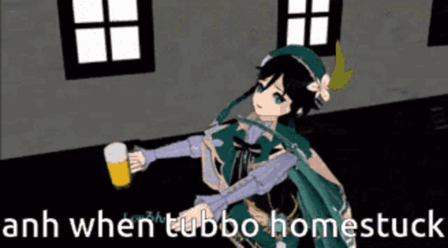 a cartoon character is holding a glass of beer and says when tubbo homestuck