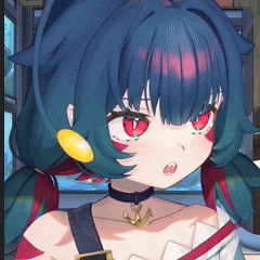 a girl with blue hair and red eyes is wearing a choker