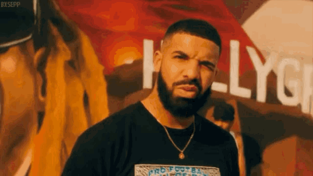 a man with a beard is standing in front of a sign that says ' hollywood '