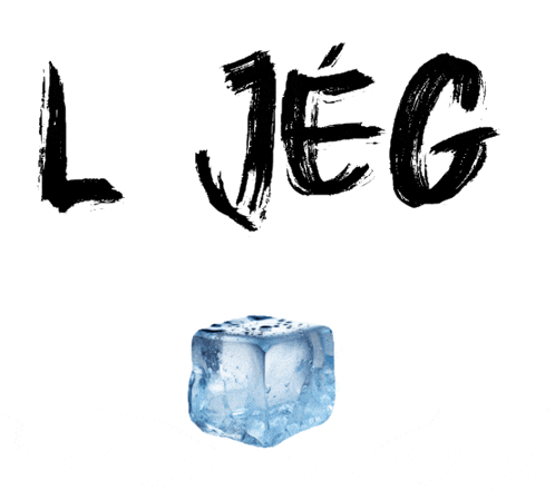 a cube of ice sits in front of the letter l and the word jeg