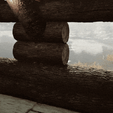 logs stacked on top of each other with a view of a lake in the background
