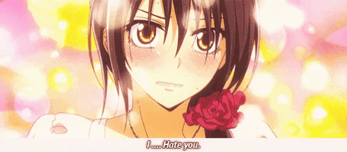 a close up of a girl with a rose in her hair and the words `` i hate you '' .