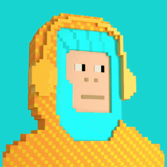 a pixel art of a monkey with blue hair and yellow headphones
