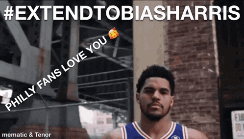 a basketball player is standing in front of a brick wall and a sign that says #extendtobiasharris