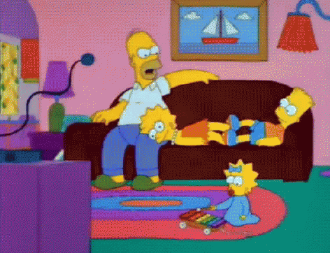 homer simpson is sitting on a couch with two children .