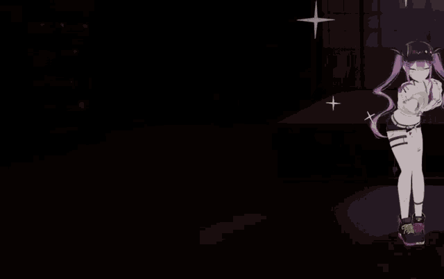 a girl with purple hair is dancing in a dark room surrounded by stars