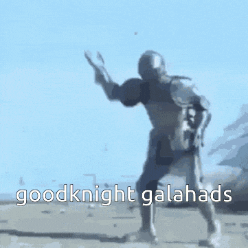 a man in a knight 's armor is dancing with the words goodknight galahads below him