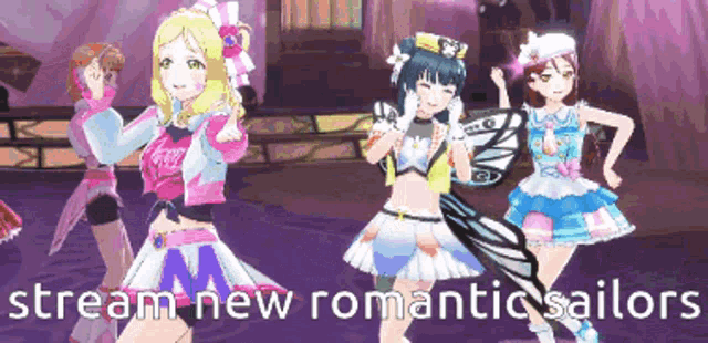 three anime girls are dancing on a stage with the words stream new romantic sailors