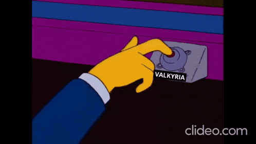 a cartoon hand is pressing a button with the word valkyria on it