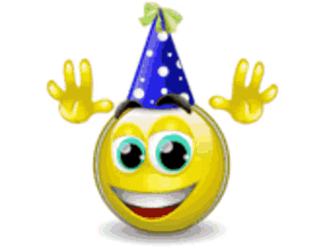 a smiley face wearing a blue party hat with a bow