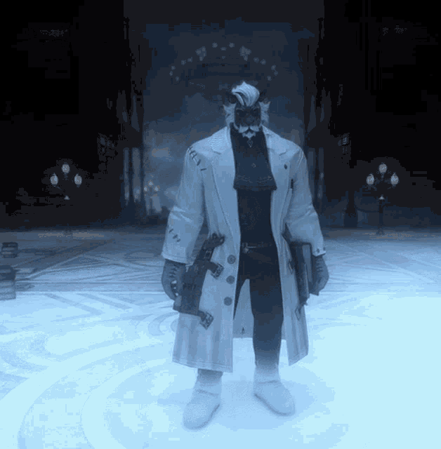 a man in a white coat is holding a gun and a book