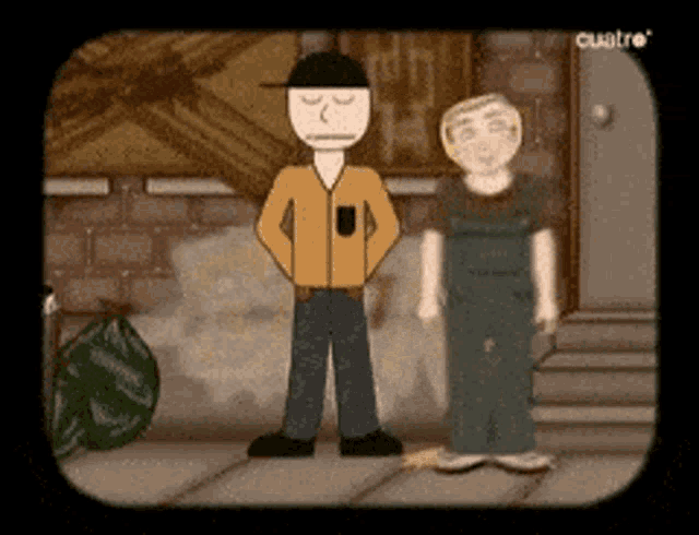 two cartoon characters are standing next to each other in front of a brick wall