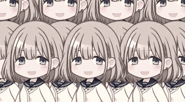 a row of anime girls with blue eyes are smiling