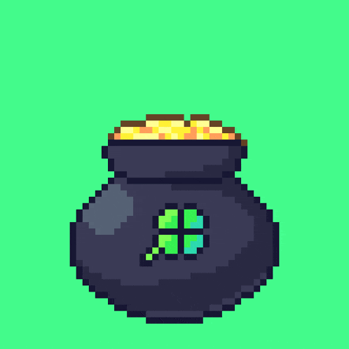 a pixel art drawing of a leprechaun sitting in a pot of gold