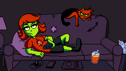 a pixel art drawing of a woman laying on a couch