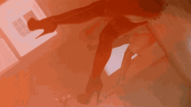 a woman 's legs in high heels are visible in a room