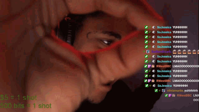 a screenshot of a man 's face with the words $ 5 = 1 shot 500 bits = 1 shot