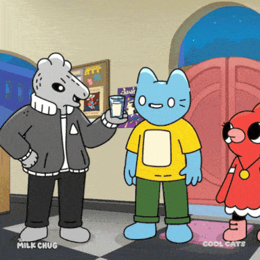a cartoon of a man holding a glass of milk with the words milk chug below him