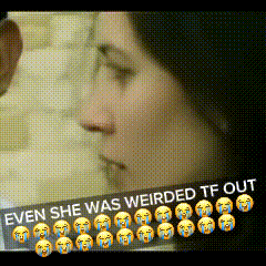 a close up of a woman 's face with a caption that says " even she was weirded tf out "