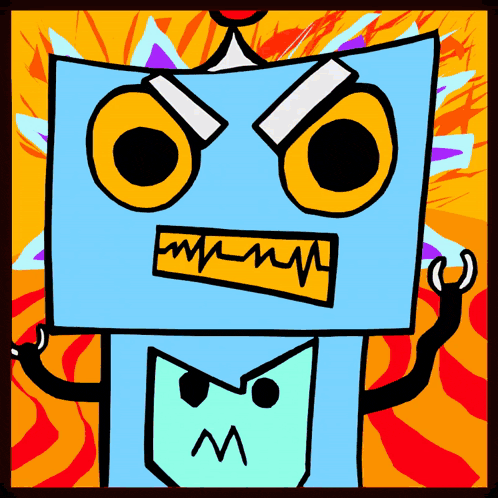 a cartoon drawing of an angry robot with the letter m on its face