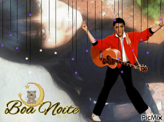 a man in a red jacket is playing a guitar in front of a woman and the words boa noite by picmix