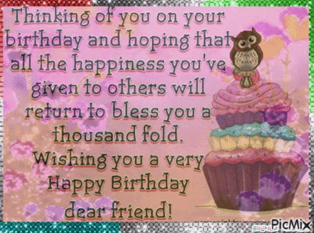 a birthday card with an owl on top of a cake