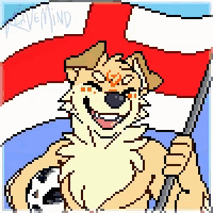 a pixel art of a dog holding a soccer ball