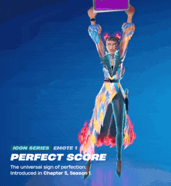 a video game character is holding a sign that says perfect score