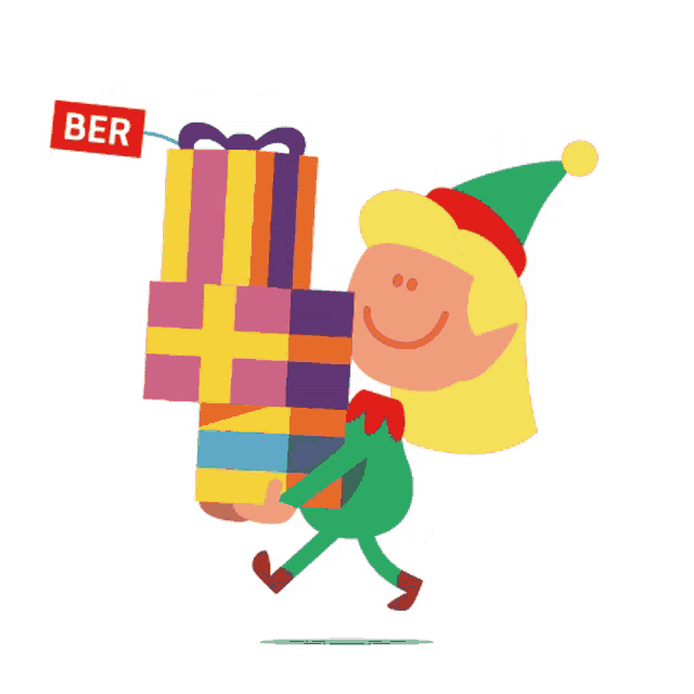 a cartoon elf is carrying a stack of gifts with a red sign that says ber
