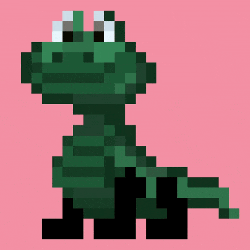 a pixel art drawing of a green dinosaur with a pink background