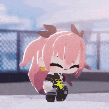 a cartoon girl with pink hair is standing on a sidewalk with her eyes closed