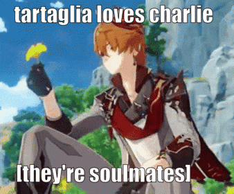 a cartoon character is holding a flower in his hand and says tartaglia loves charlie they 're soulmates .
