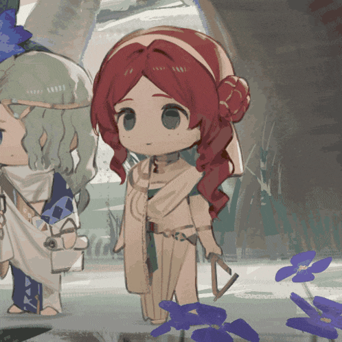 a girl with red hair is standing next to a man