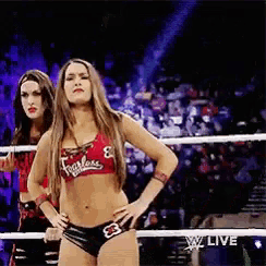 a female wrestler is standing in a wrestling ring with her hands on her hips .