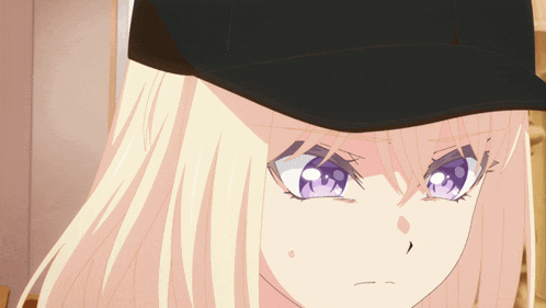 a blonde anime girl with purple eyes wearing a black baseball cap
