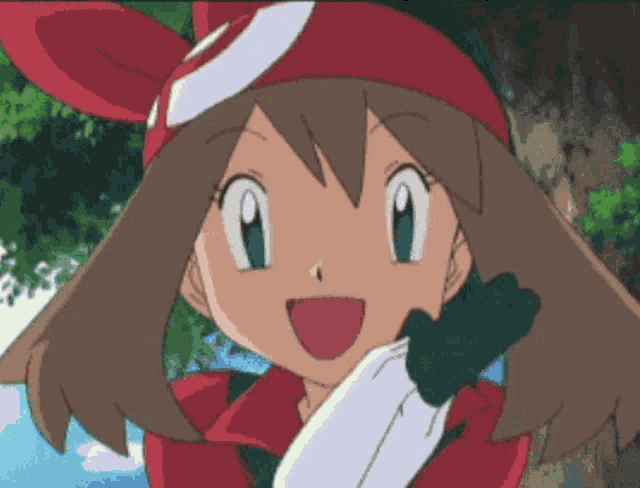 a cartoon character with brown hair and a red hat is smiling