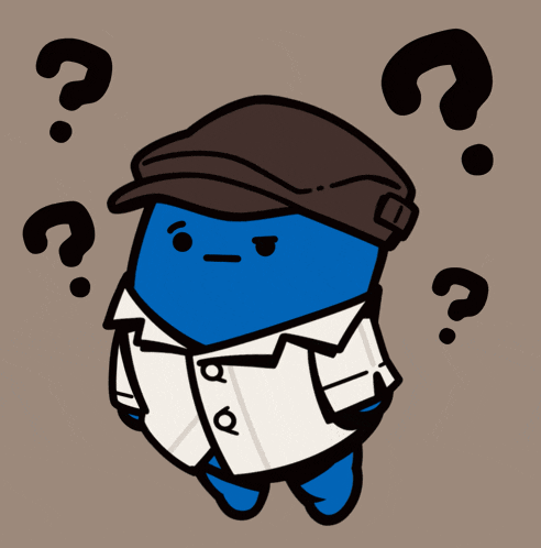 a cartoon character wearing a hat and a trench coat has question marks around him